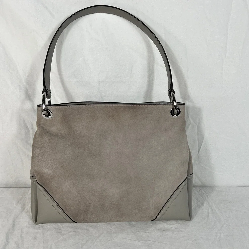 Michael Kors Handbag Gray Taupe Suede Leather Hobo Shoulder‎ Bag Silver MK Logo
